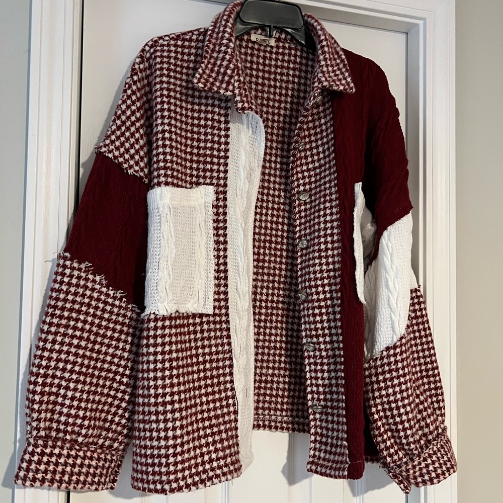 Pol Burgundy And White Patchwork Shacket - image 1